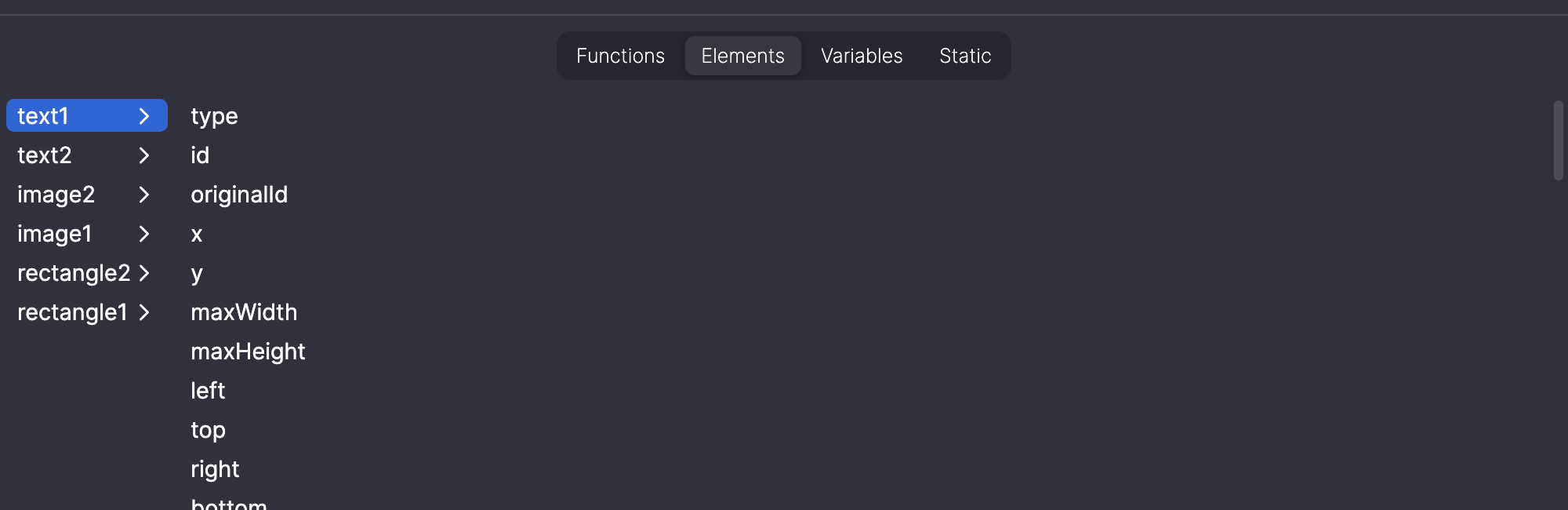 Elements tab with text1 open, listing its values such as x, y, left, top, right and bottom.