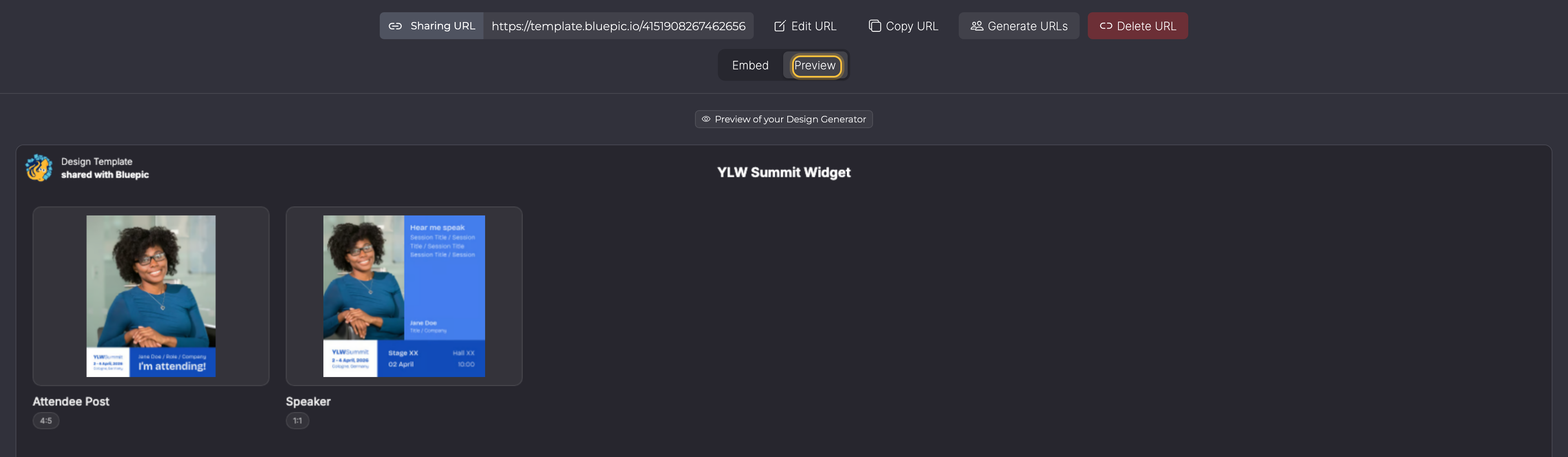 Share step of a widget campaign with the Preview tab open: the design generator as visitors see it.
