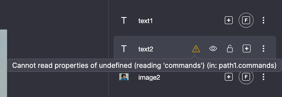 Layers panel with a warning icon on text2; hovering it shows the error and the expression concerned.