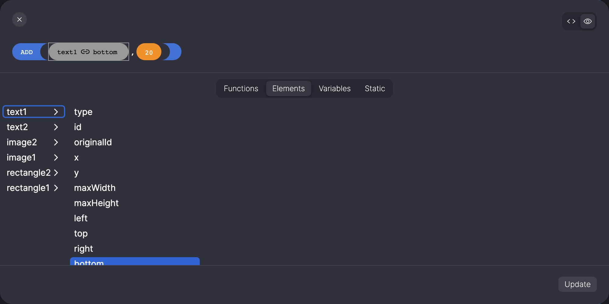 Visual view of ADD(text1.bottom, 20) with the text1.bottom block selected and the Elements tab open, listing the values of text1.