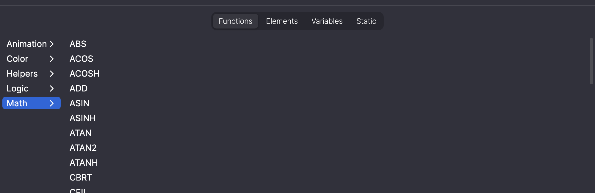 Tab Functions mit den Gruppen Animation, Color, Helpers, Logic und Math; Math ist aufgeklappt.