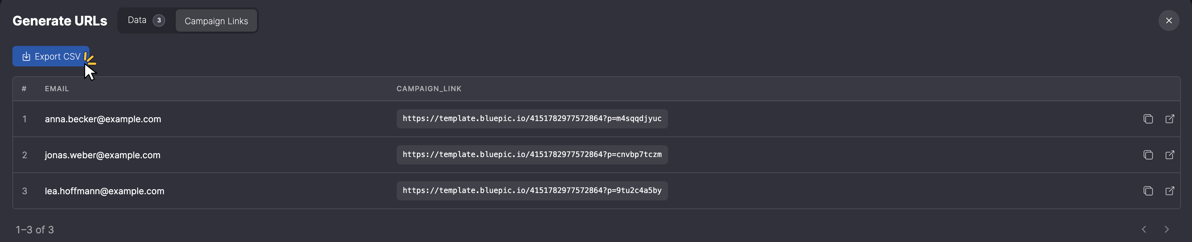 Reiter Campaign Links mit einem persönlichen Link pro Empfänger, der Button Export CSV ist markiert (Beispieldaten).