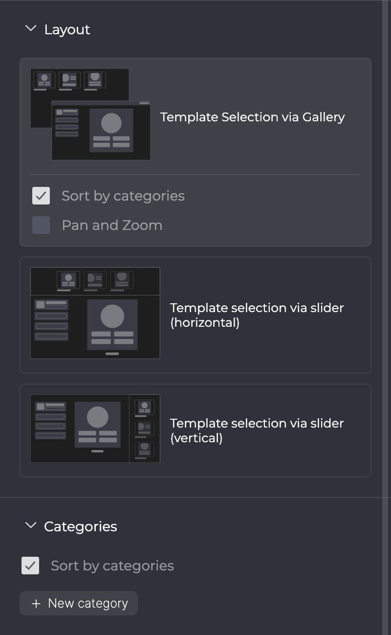 Layout with the Gallery card (Pan and Zoom) and the two slider layouts, and the Categories section below.