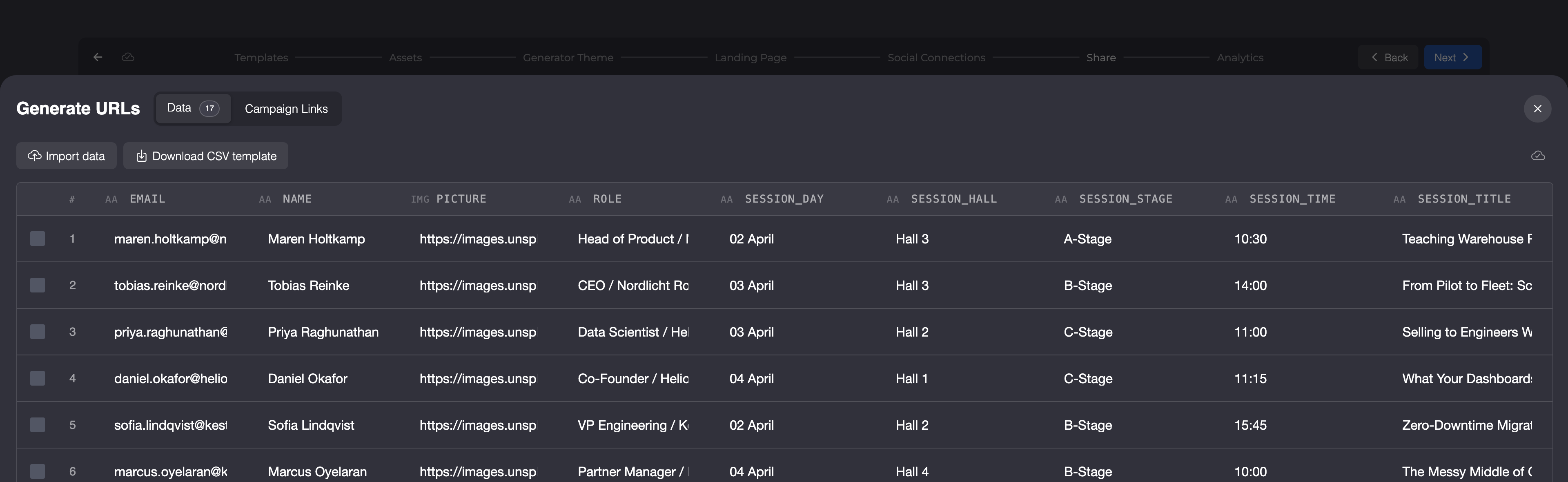 Generate URLs, tab Data: one row per speaker with email, photo and session details.