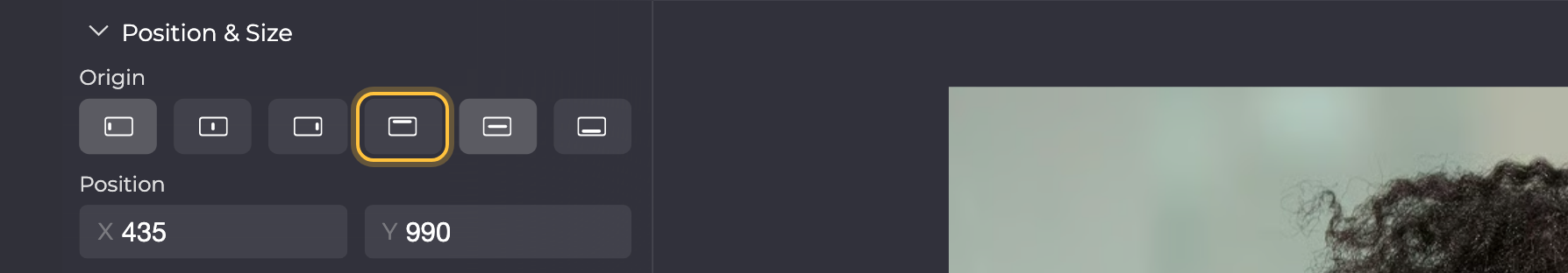 Position & Size of a selected text: Origin with its two button groups and Position X / Y below; Origin Top, the first button of the second group, is highlighted.