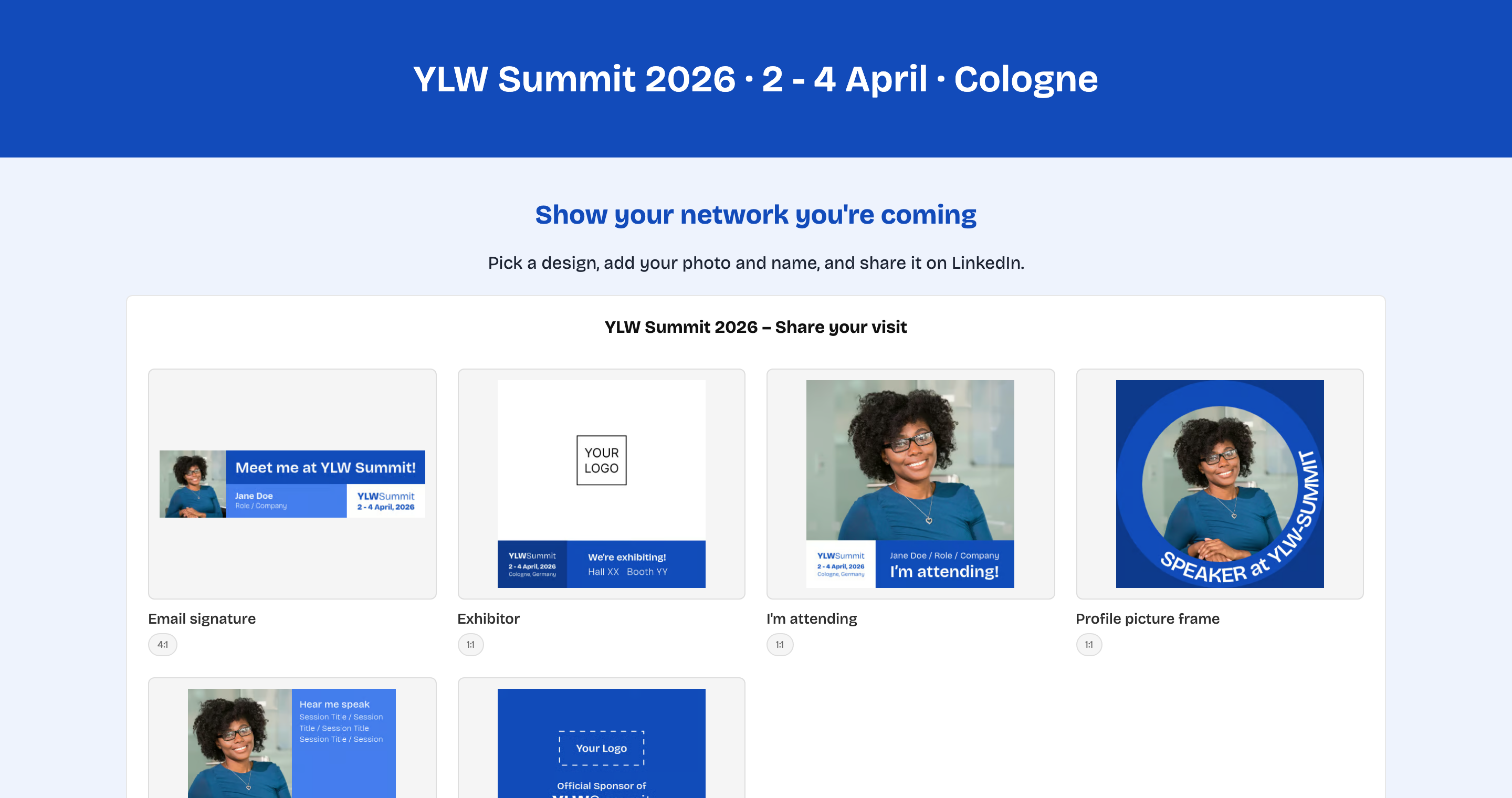 The finished YLW Summit design generator: blue header with the event line, a light page with title and subtitle, and the gallery with six templates, among them Email signature, Exhibitor, I'm attending and Profile picture frame.