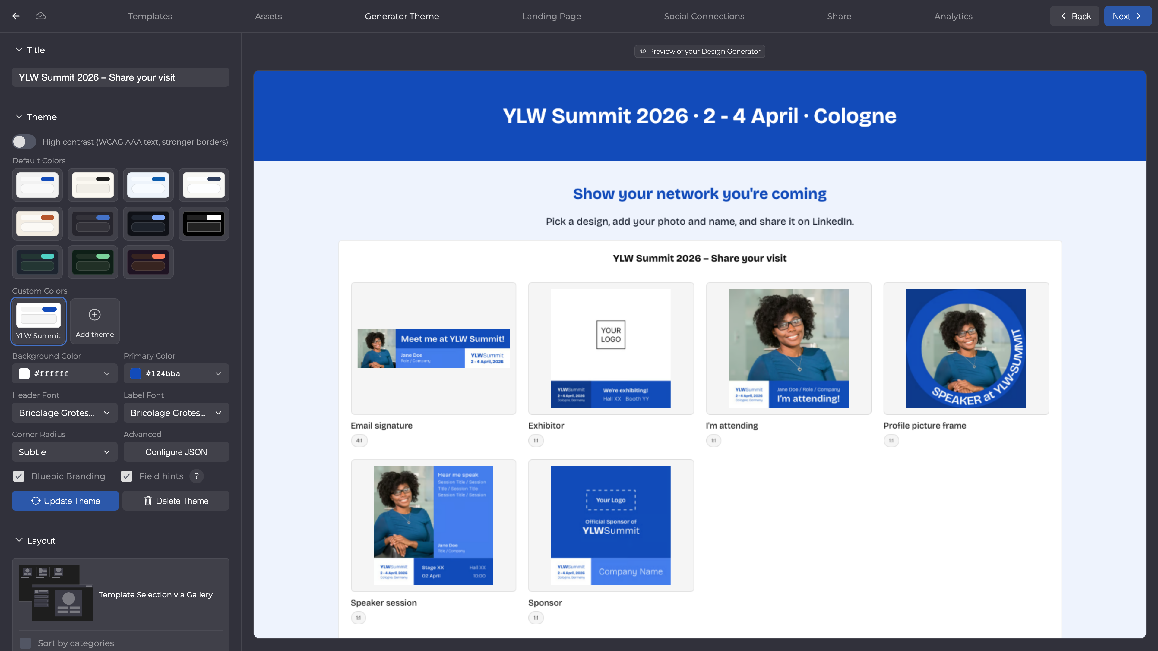 Generator Theme with the saved theme YLW Summit: white background, primary colour #124BBA, Bricolage Grotesque as header and label font, corner radius Subtle; preview on the right.