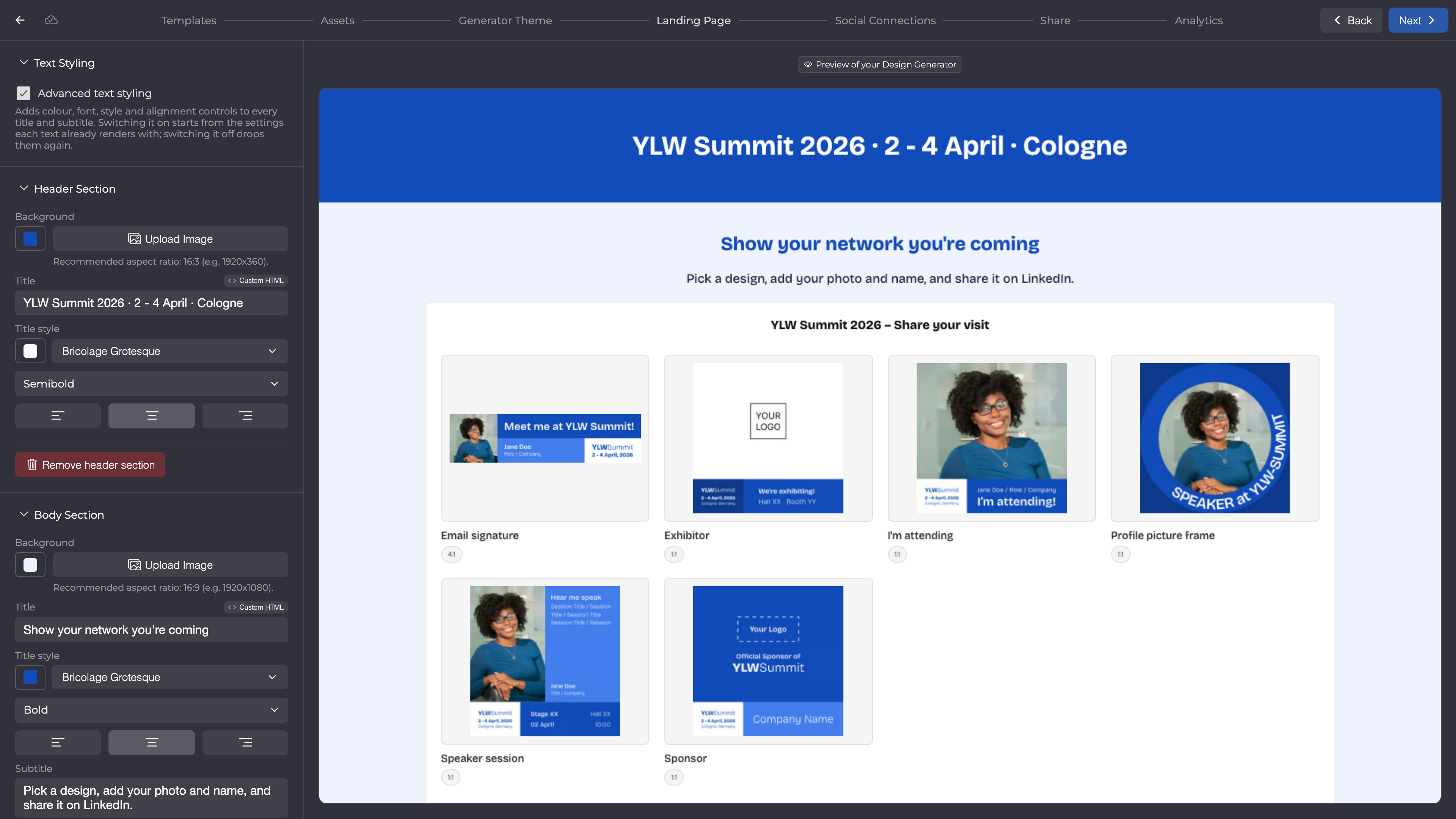Landing Page step with header in #124BBA, body in #EEF3FD with title and subtitle, and the preview on the right.