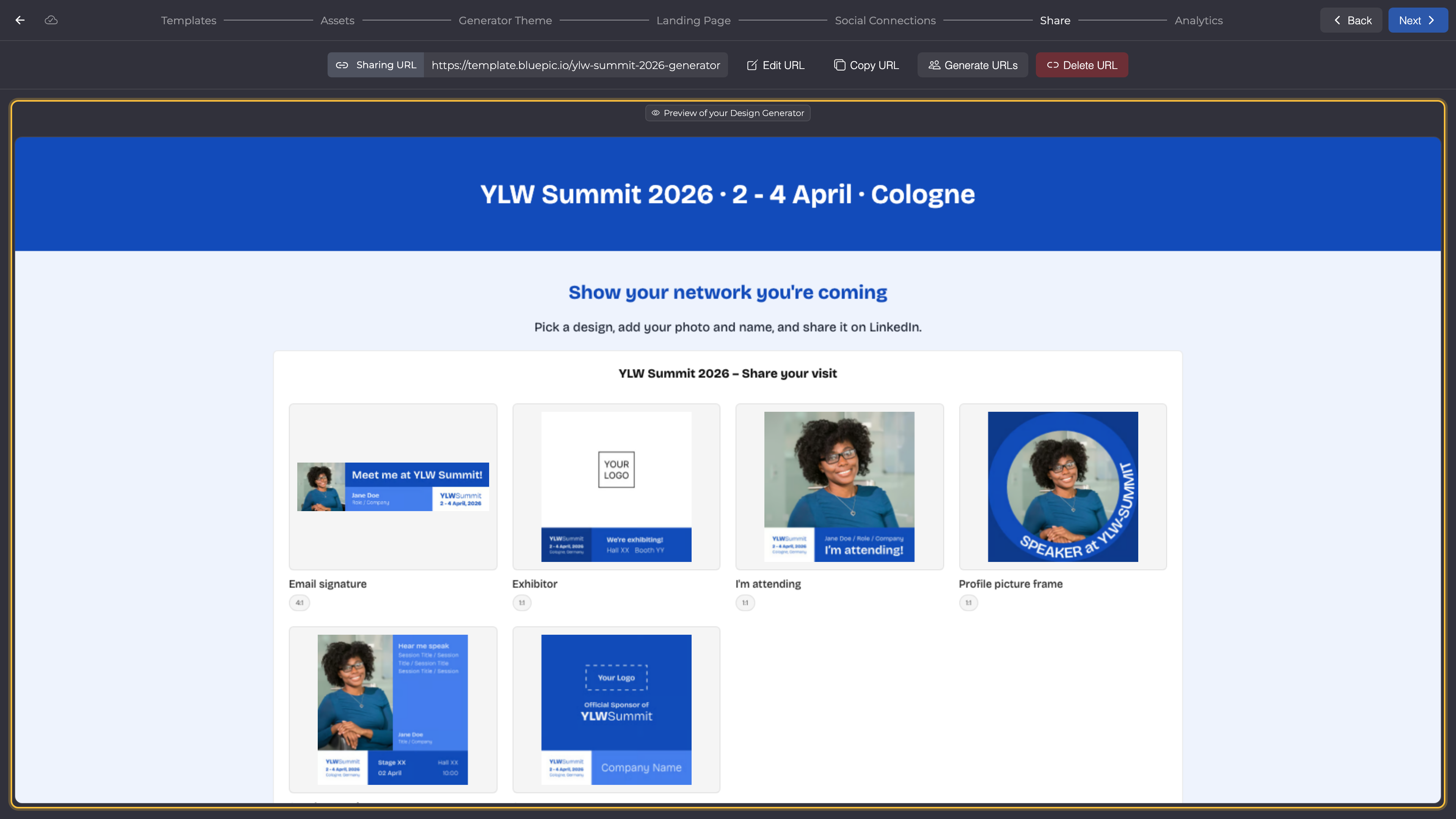 Share step with the link template.bluepic.io/ylw-summit-2026-generator and Copy URL; below it the preview with the six templates, marked.