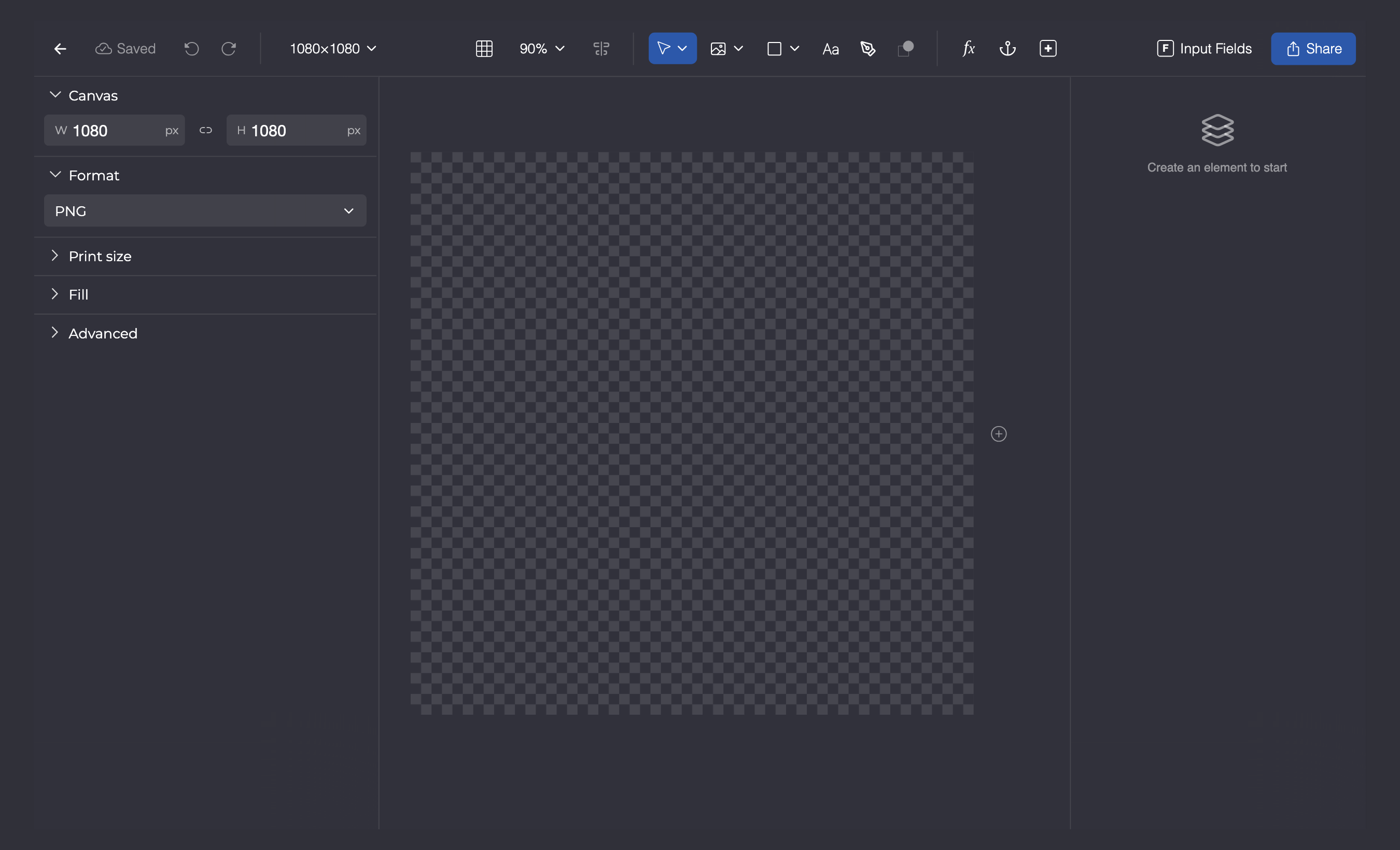 The template editor with a new, empty 1080×1080 template: an empty canvas in the middle, no elements in the layers panel.