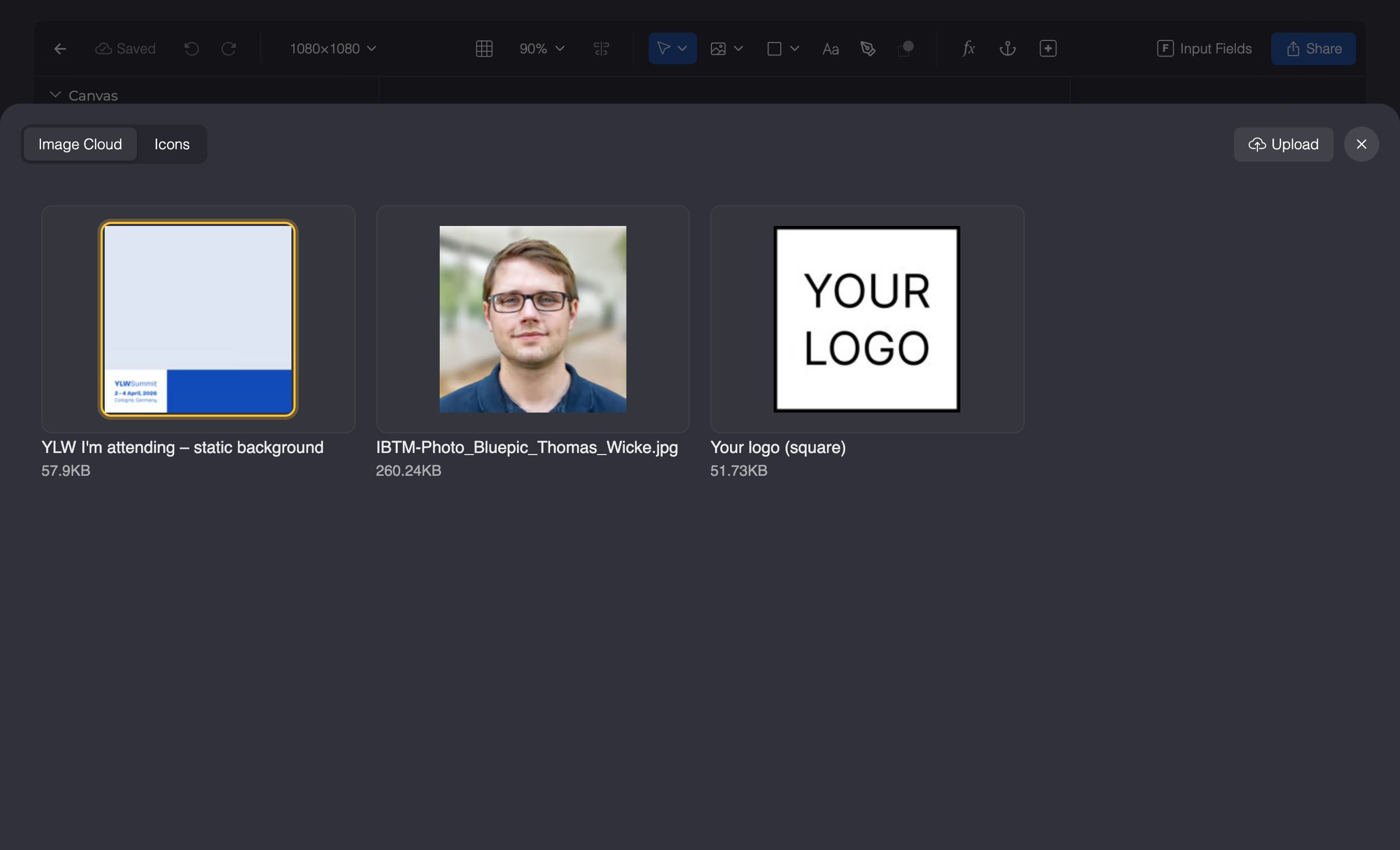 Image Cloud popup over the empty template, with the uploaded static background highlighted.