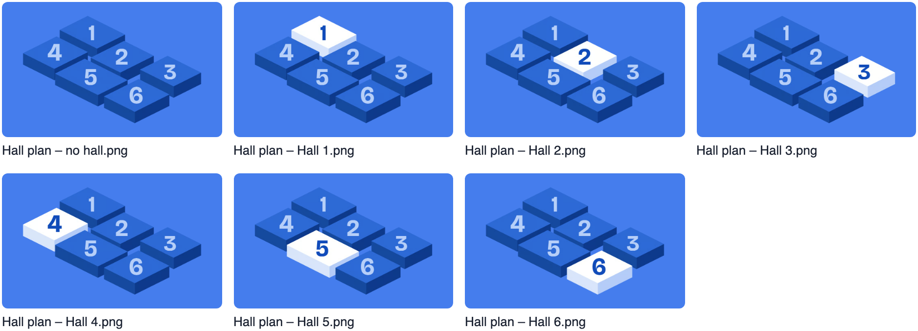The seven hall plan images: Hall plan – no hall.png with all six halls in blue, and Hall plan – Hall 1.png to Hall plan – Hall 6.png, each with only that hall in white.