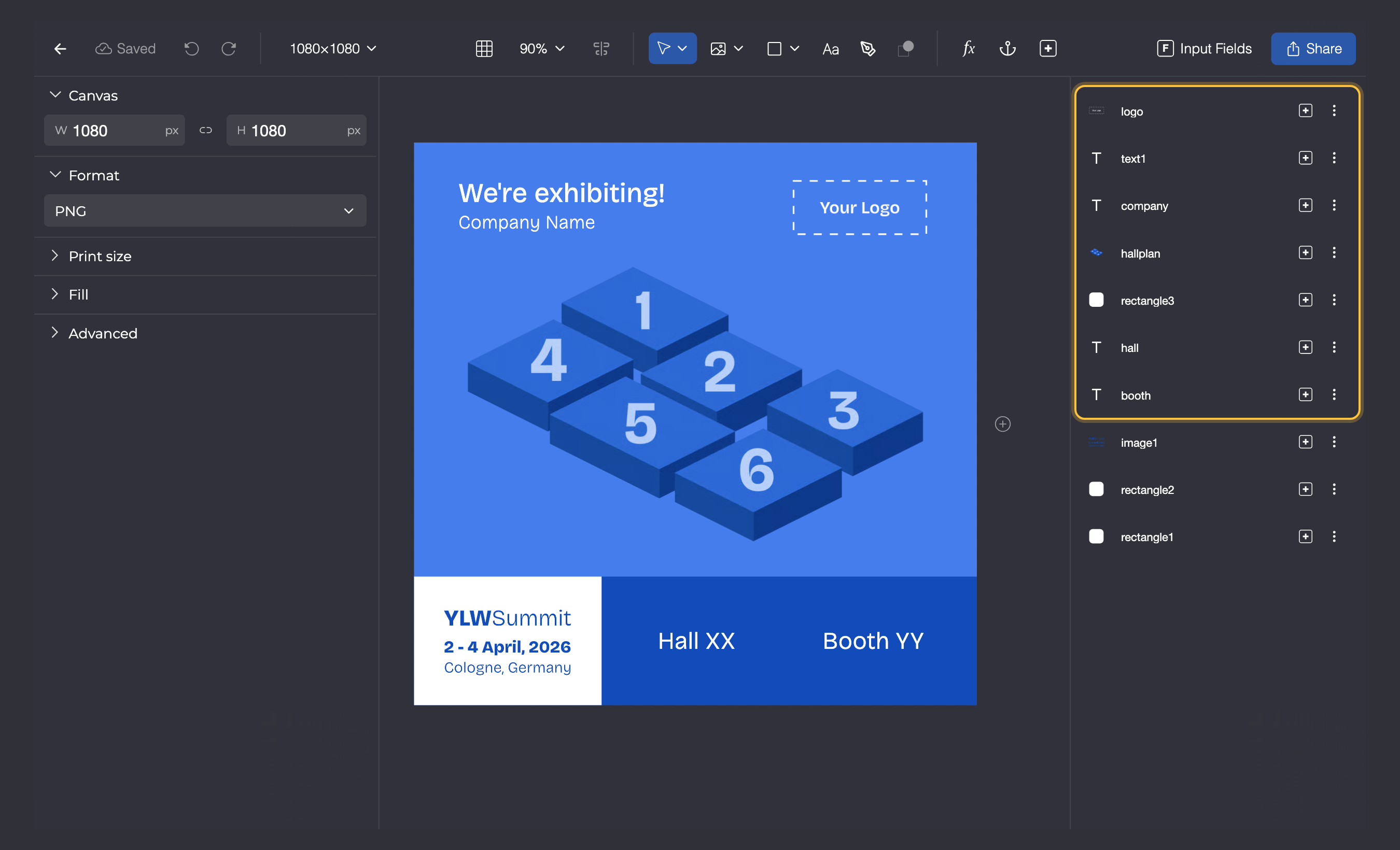 The template editor with the finished design: blue area with We're exhibiting!, Company Name, the Your Logo placeholder and the hall plan, below it the event logo, Hall XX and Booth YY. In the layers panel, the elements logo, text1, company, hallplan, rectangle3, hall and booth are highlighted.