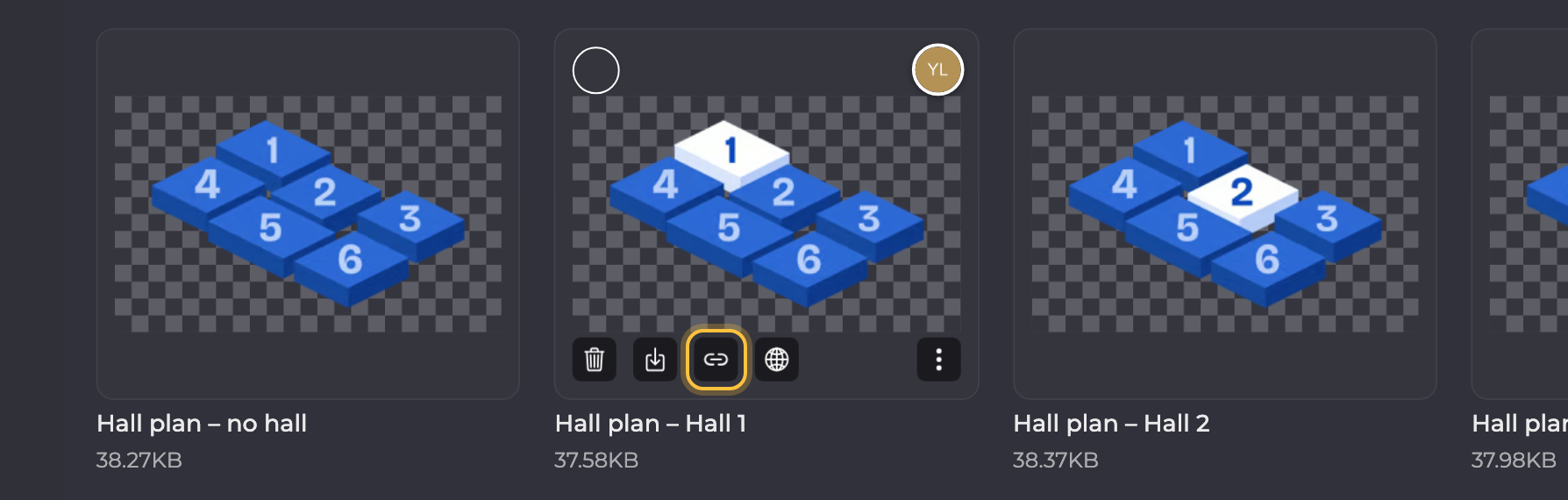 The image Hall plan – Hall 1 in the asset library while the mouse is over it: four icons appear, the chain icon Copy URL is highlighted.