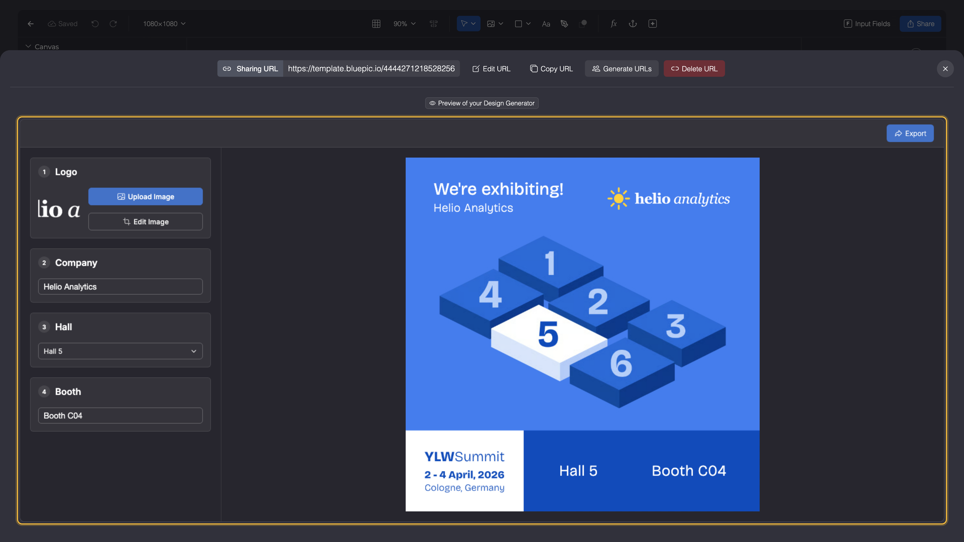 Share settings of the template link with Sharing URL and Copy URL; below them the highlighted preview of the design generator, filled in with the Helio Analytics logo, Helio Analytics, Hall 5 and Booth C04: hall 5 lights up on the hall plan.
