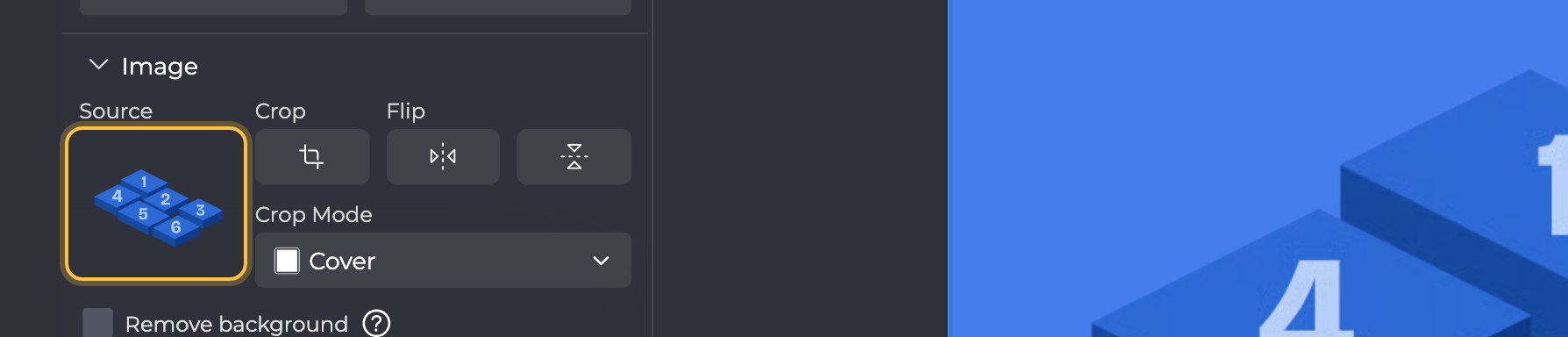 Image section of hallplan in the properties panel: the preview image under Source is highlighted, next to it Crop, Flip and Crop Mode Cover.