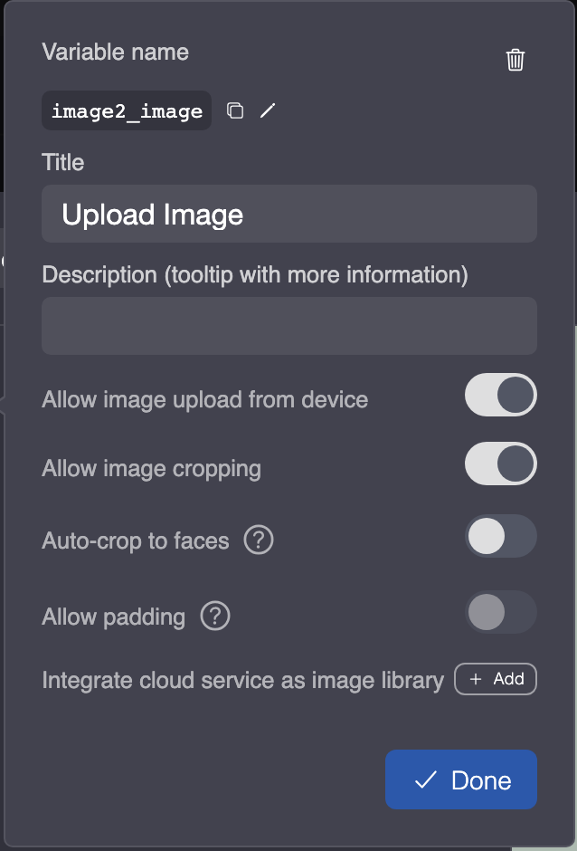 Settings of an image input field: variable name, title, description, upload, cropping, face detection, padding and image library.