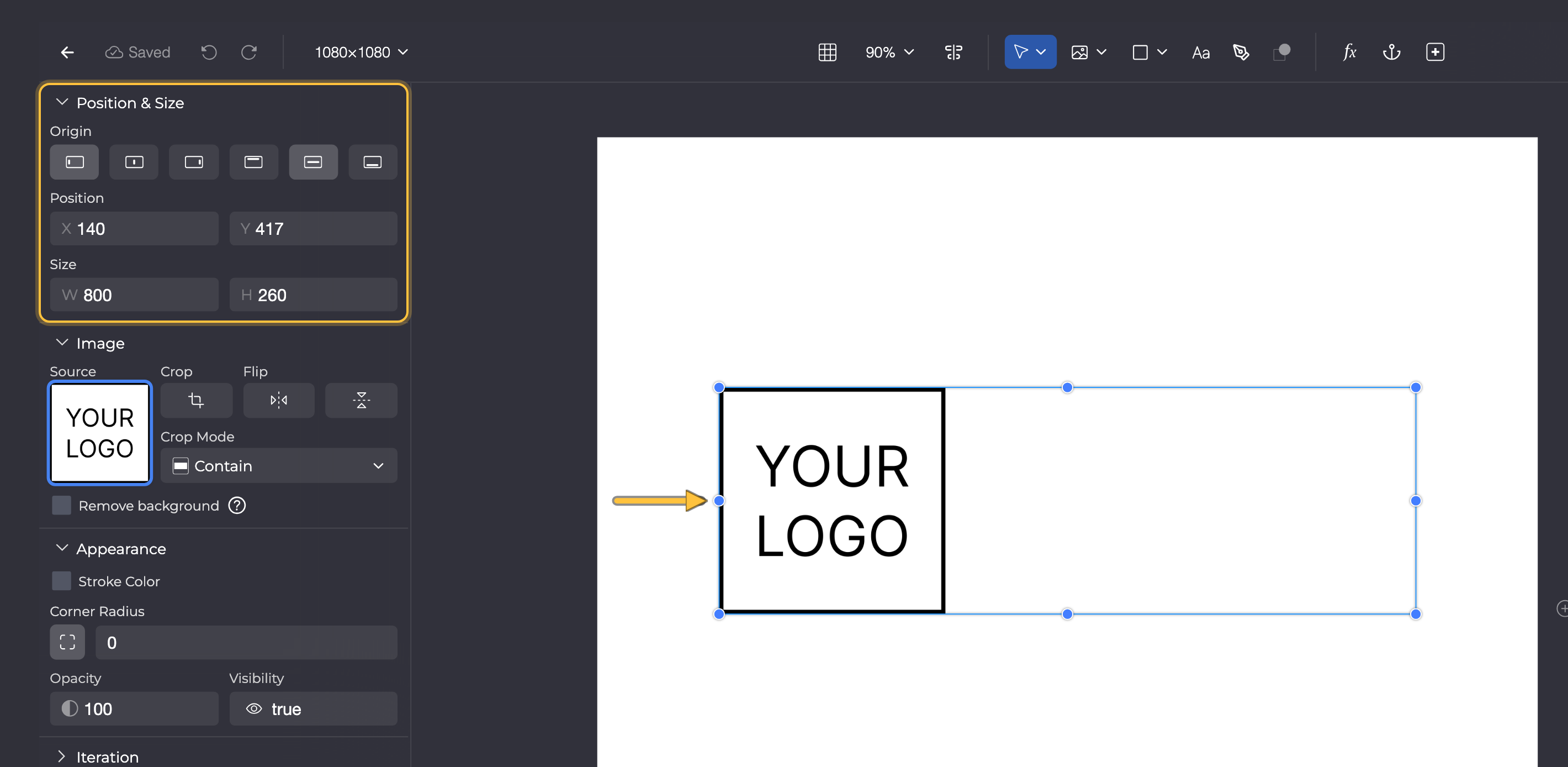 Position & Size section next to the selected logo frame on the canvas: Origin is left in the middle, so with Crop Mode Contain the square logo sits at the left of the wide frame.