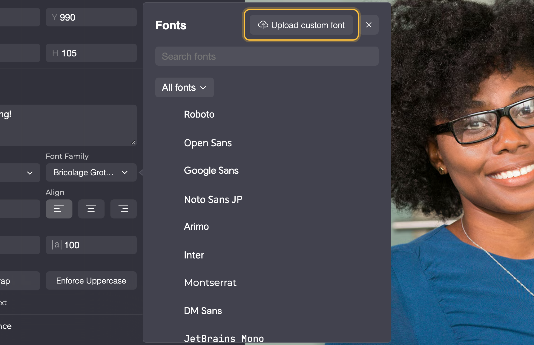 Fonts picker with the Upload custom font button, the search field and the All fonts filter.