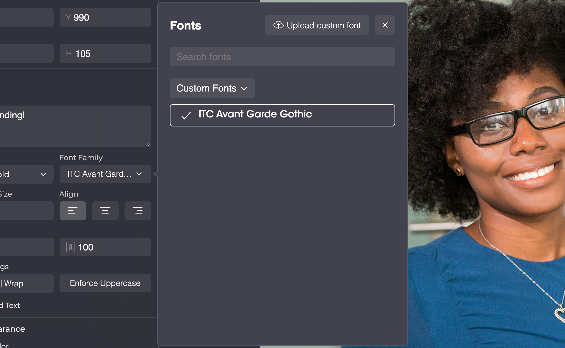 Font picker filtered to Custom Fonts: the uploaded font ITC Avant Garde Gothic is listed once and selected.
