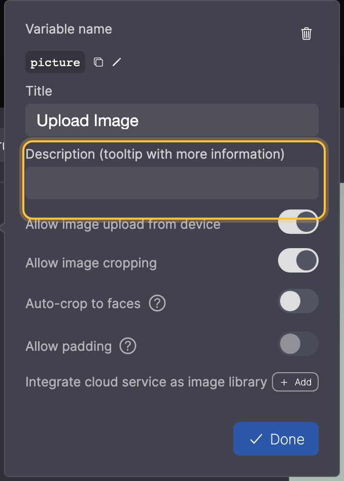 Input field settings with Description (tooltip with more information) highlighted.