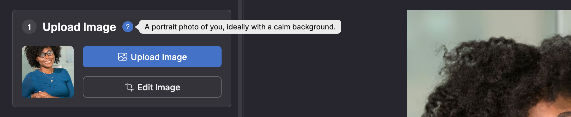 Design generator: the Upload Image input field, the pointer over the question mark next to the title, the description next to it as a tooltip.