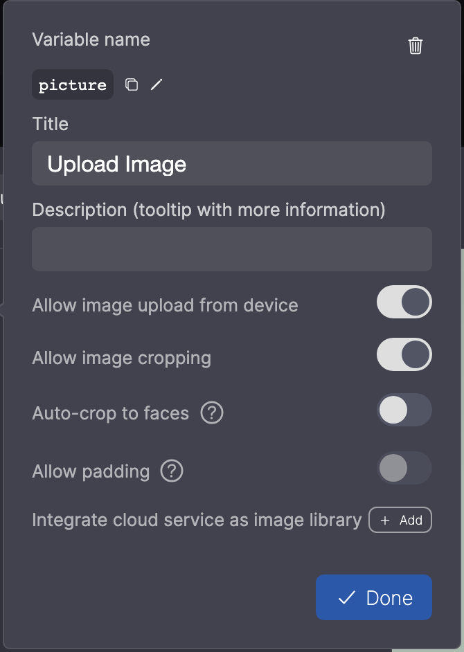 Settings of an image input field: Variable name, Title, Description and the image options.