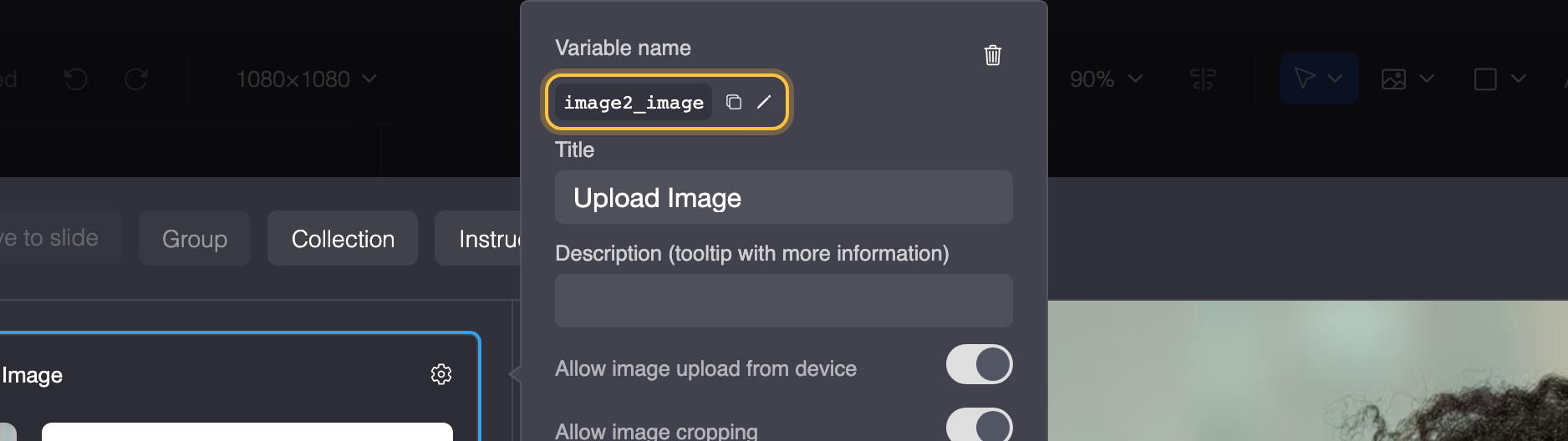 Top of an input field's settings: the variable name with its copy button and pencil highlighted.