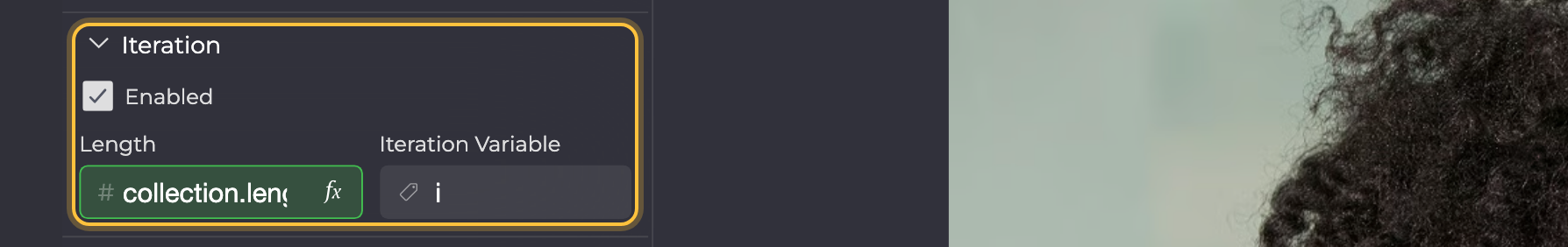 Properties-Panel eines ausgewählten Texts mit markiertem Abschnitt Iteration: Enabled angehakt, Length collection.length und Iteration Variable i.