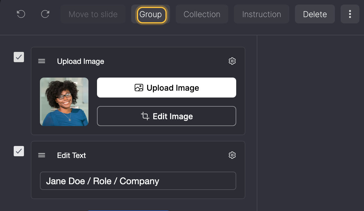 Input Fields view with two selected input fields and the Group button highlighted.