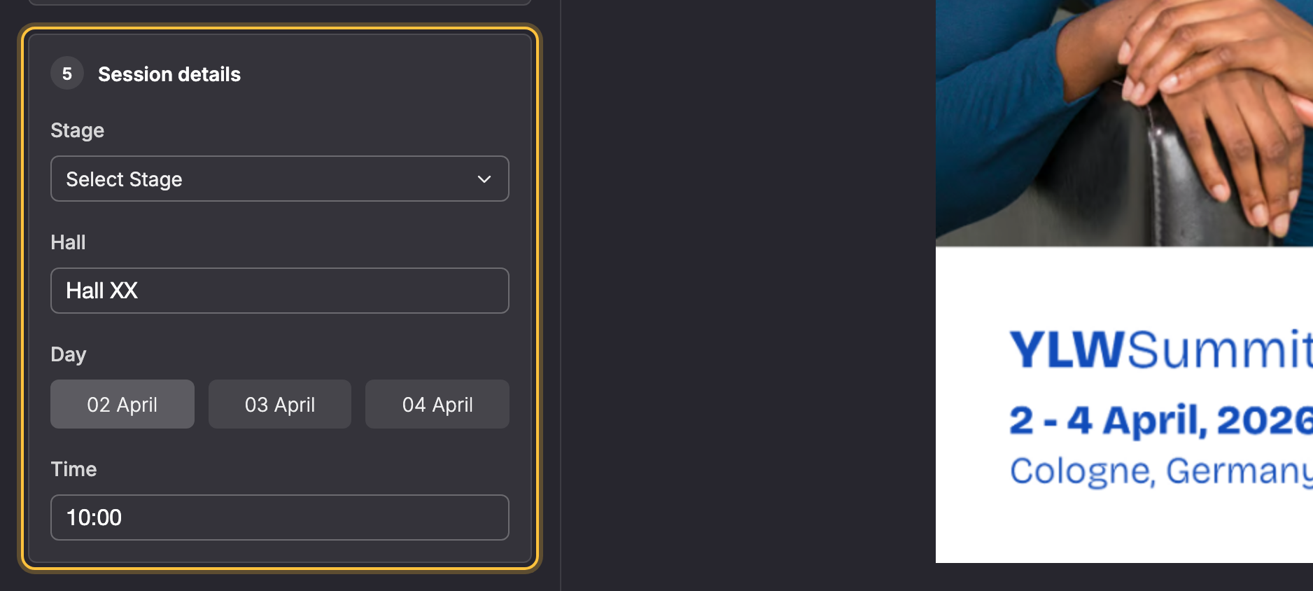 Design generator: the input field group Session details with the Stage, Hall, Day and Time input fields in one shared box, highlighted.