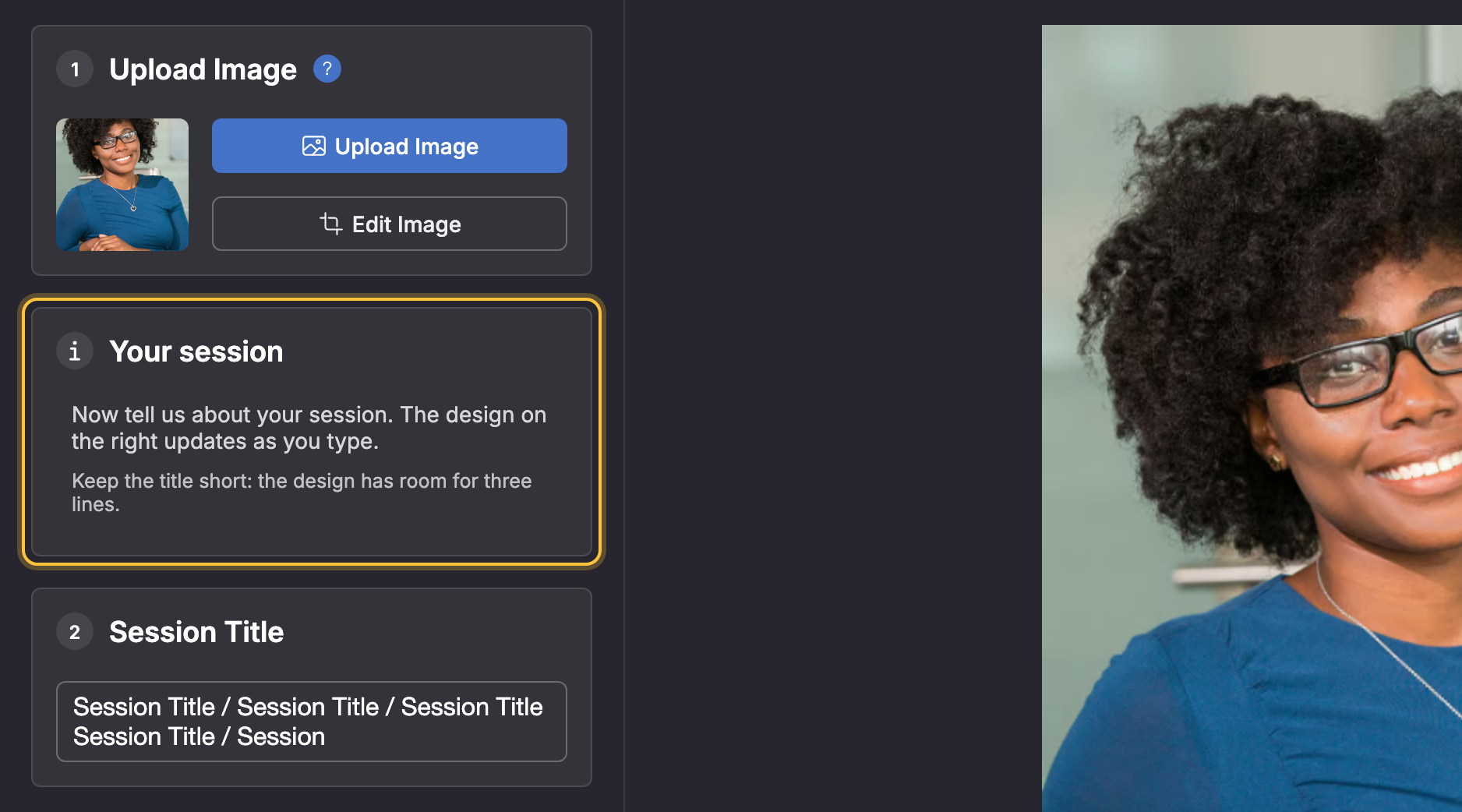 Design generator: the instruction "Your session" with an i icon instead of a number, the instruction text and a smaller line below, highlighted between input fields 1 and 2.
