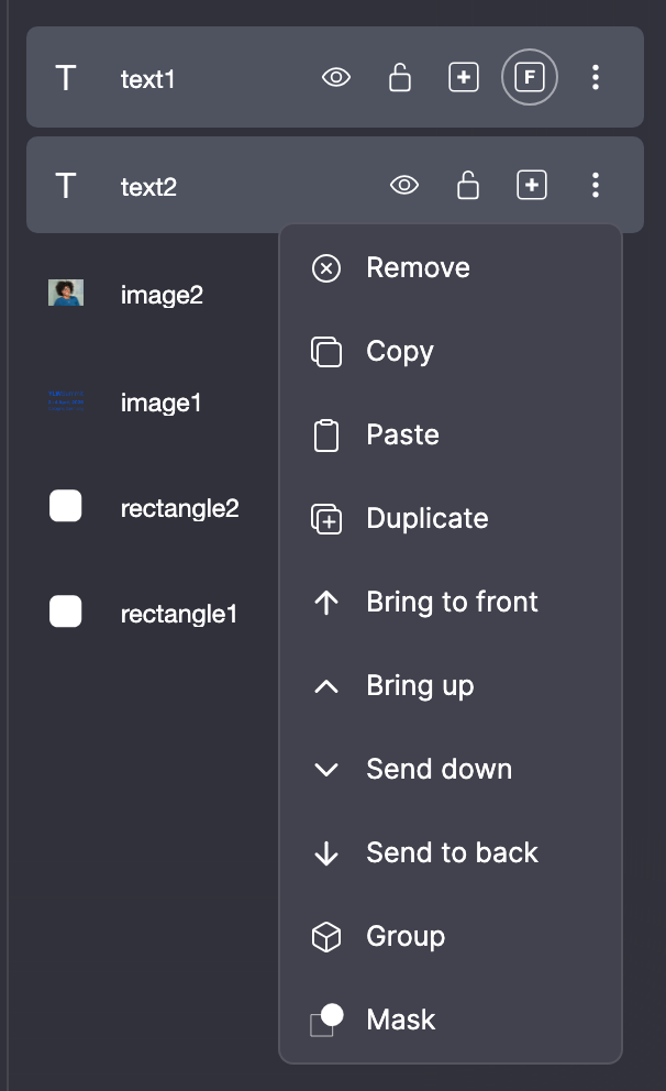 Zwei ausgewählte Elemente im Layers-Panel und das geöffnete ⋮-Menü mit Remove, Copy, Paste, Duplicate, Bring to front, Bring up, Send down, Send to back, Group und Mask.