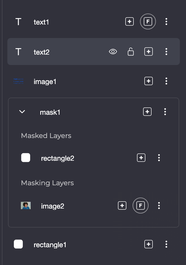 Layers panel with an opened mask (Masked Layers, Masking Layers) and a hovered row showing the eye, lock, Add Input Field and ⋮ buttons.