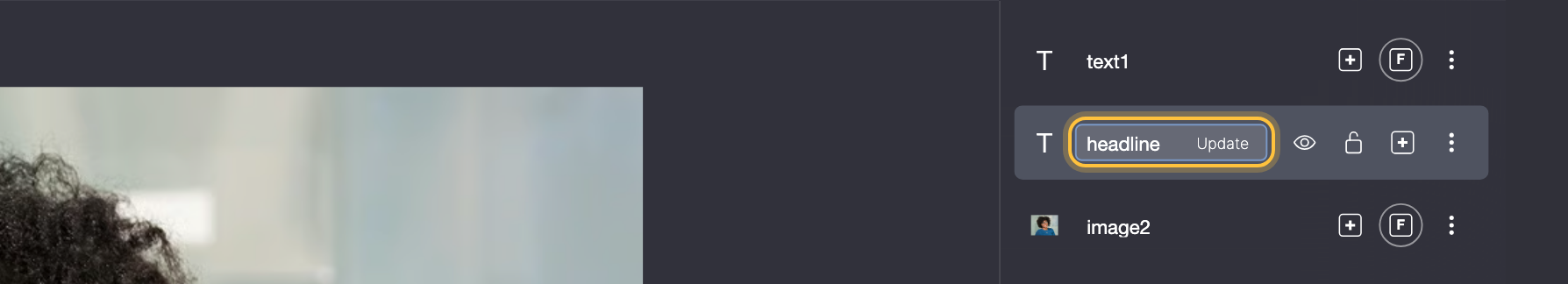 Layers panel row in rename mode: the ID field with a new name and the Update button on its right, highlighted.