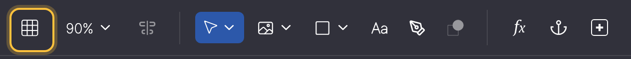 Toolbar mit markiertem Raster-Button links neben der Zoom-Anzeige.