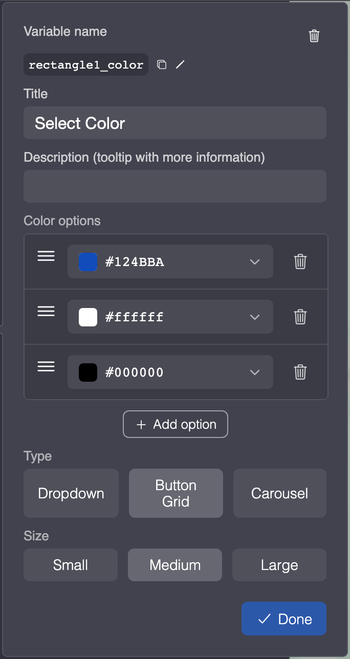 Settings of a Color Selection input field: Color options, Add option, Type and Size.