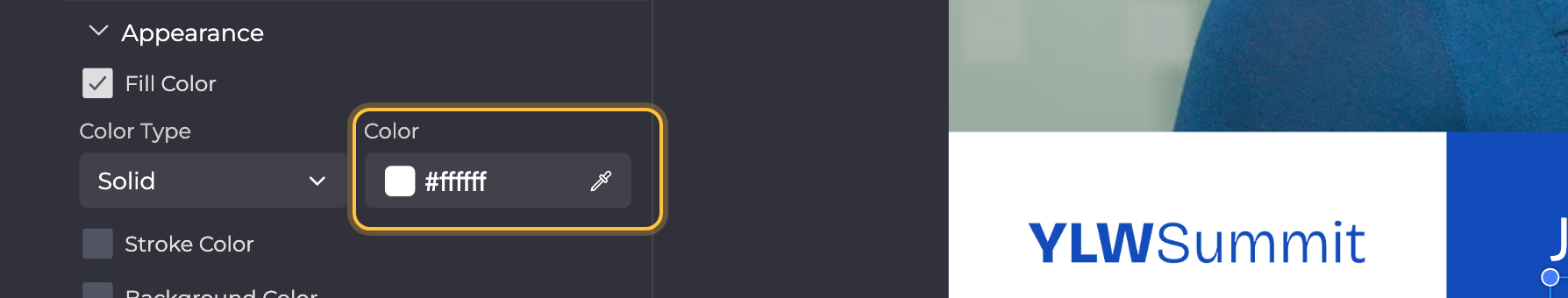 Appearance section of a text: the color value at Color under Fill Color is highlighted.