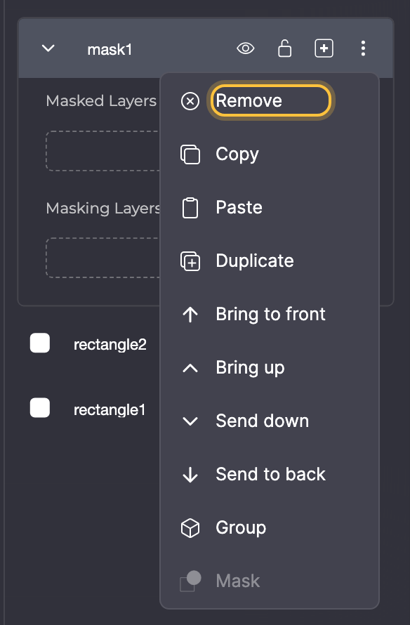 Layers-Panel mit geöffnetem Kontextmenü einer leeren Maske; Remove ist markiert.