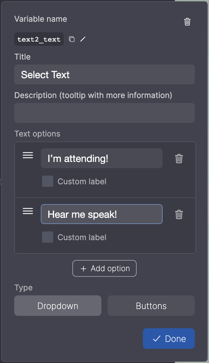 Einstellungen eines Text-Selection-Input-Felds: Text options mit zwei Optionen, Add option und Type.