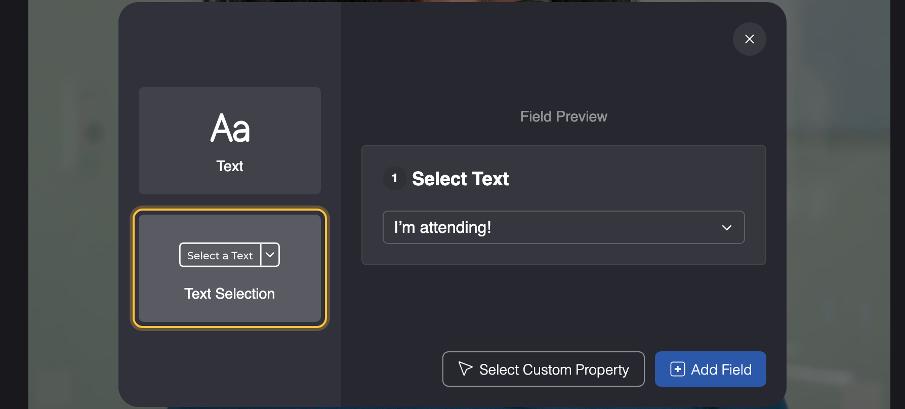Popup für ein Textelement mit ausgewähltem und markiertem Feldtyp Text Selection, rechts eine Vorschau des Input-Felds.