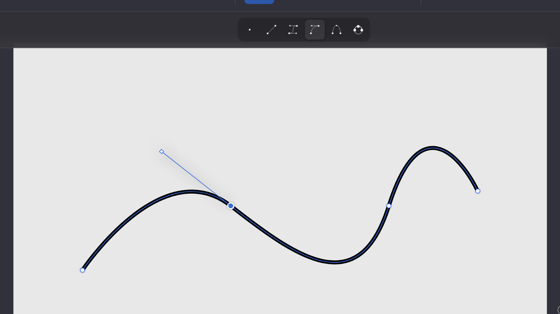 Point editing: the bar with path tools at the top of the canvas, below it a selected point with its curve handles.