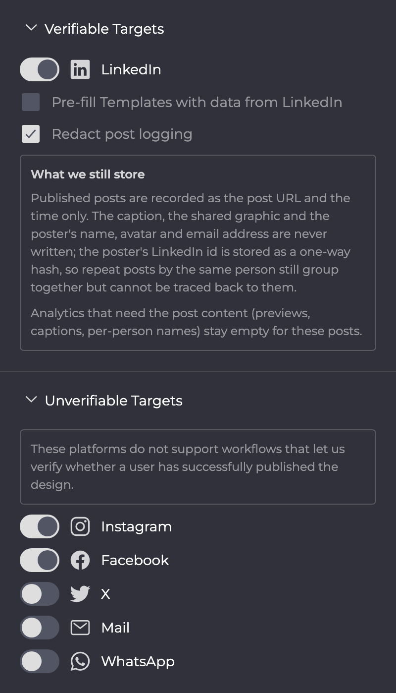 Social Connections: Verifiable Targets with LinkedIn and Unverifiable Targets with Instagram, Facebook, X, Mail and WhatsApp.