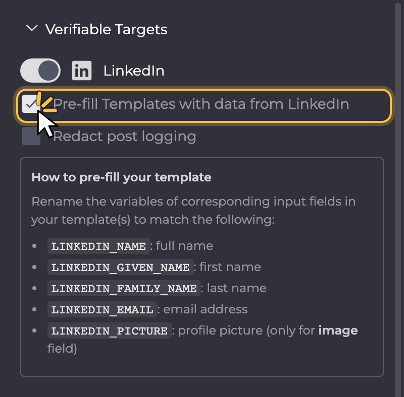 Verifiable Targets with Pre-fill Templates with data from LinkedIn ticked.