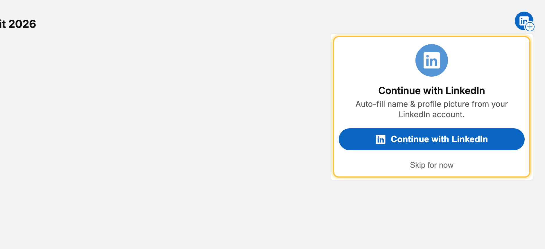 Design generator of a campaign: below the LinkedIn logo with the plus, the Continue with LinkedIn popup is open, with the Continue with LinkedIn button and Skip for now, highlighted.