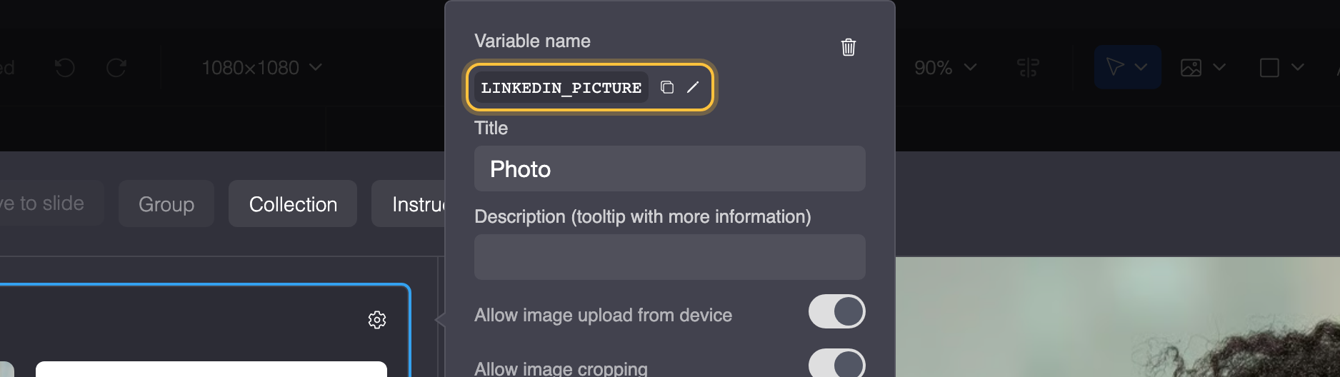 Settings of the Photo input field: the variable name LINKEDIN_PICTURE with its copy button and pencil highlighted.