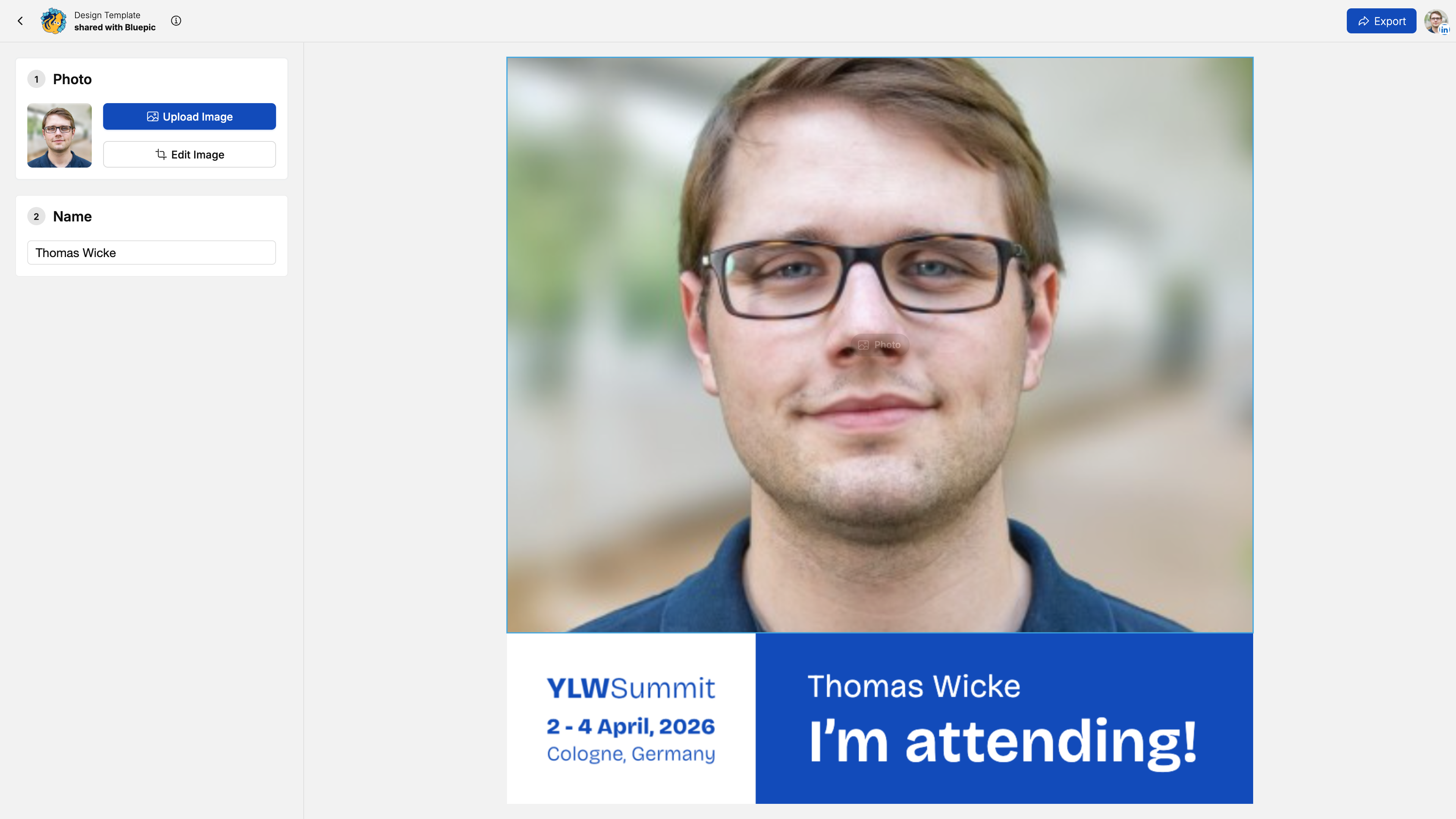 Design generator after logging in with LinkedIn: the name and profile picture are already in the input fields and in the design.