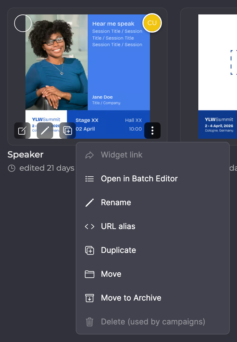 Template card menu with Widget link, Open in Batch Editor, Rename, URL alias, Duplicate, Move, Move to Archive and Delete (used by campaigns).