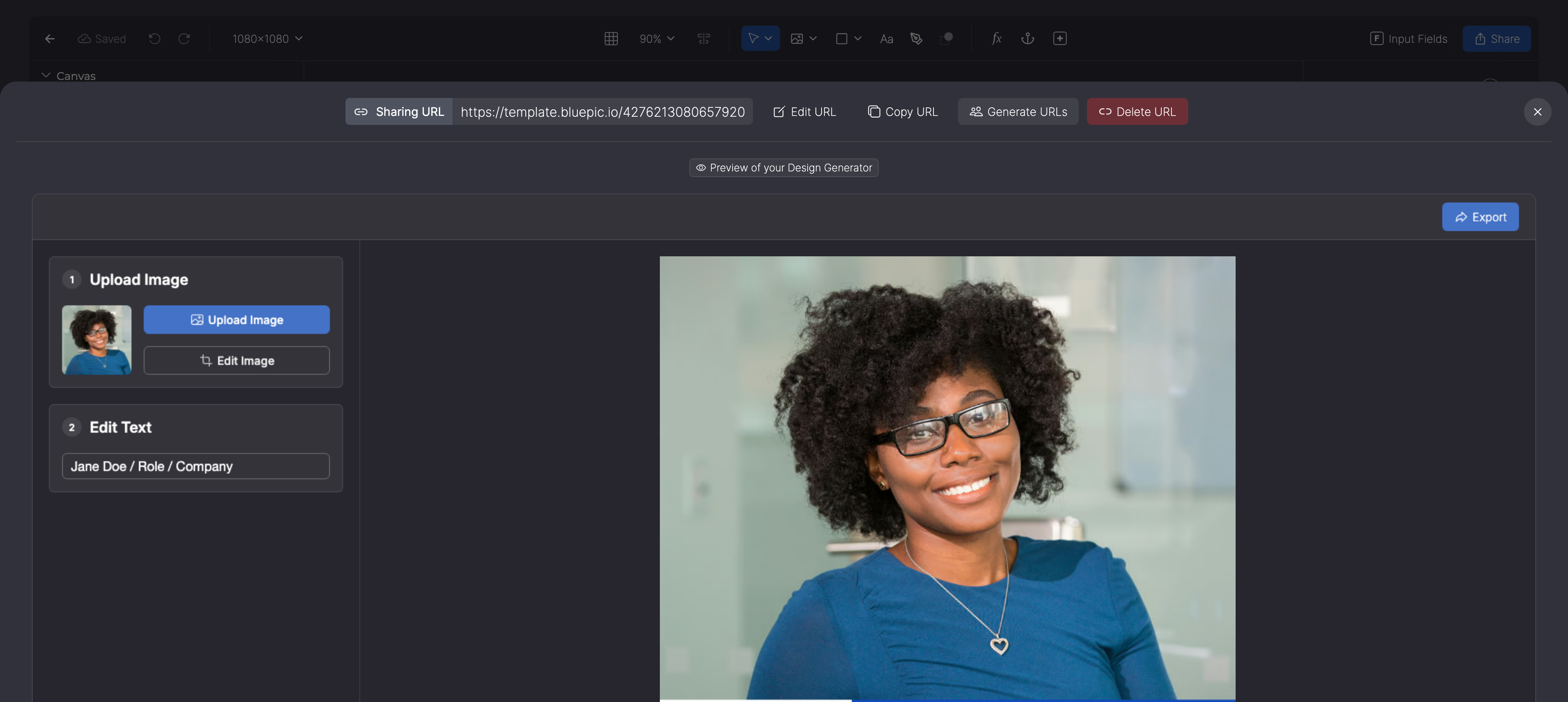 Share-Einstellungen eines Template-Links: Sharing URL, Edit URL, Copy URL, Generate URLs, Delete URL und die Vorschau des Design-Generators.