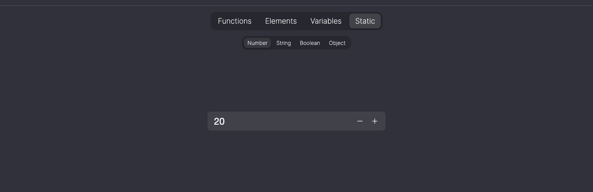 Static tab with Number, String, Boolean and Object and a number value.
